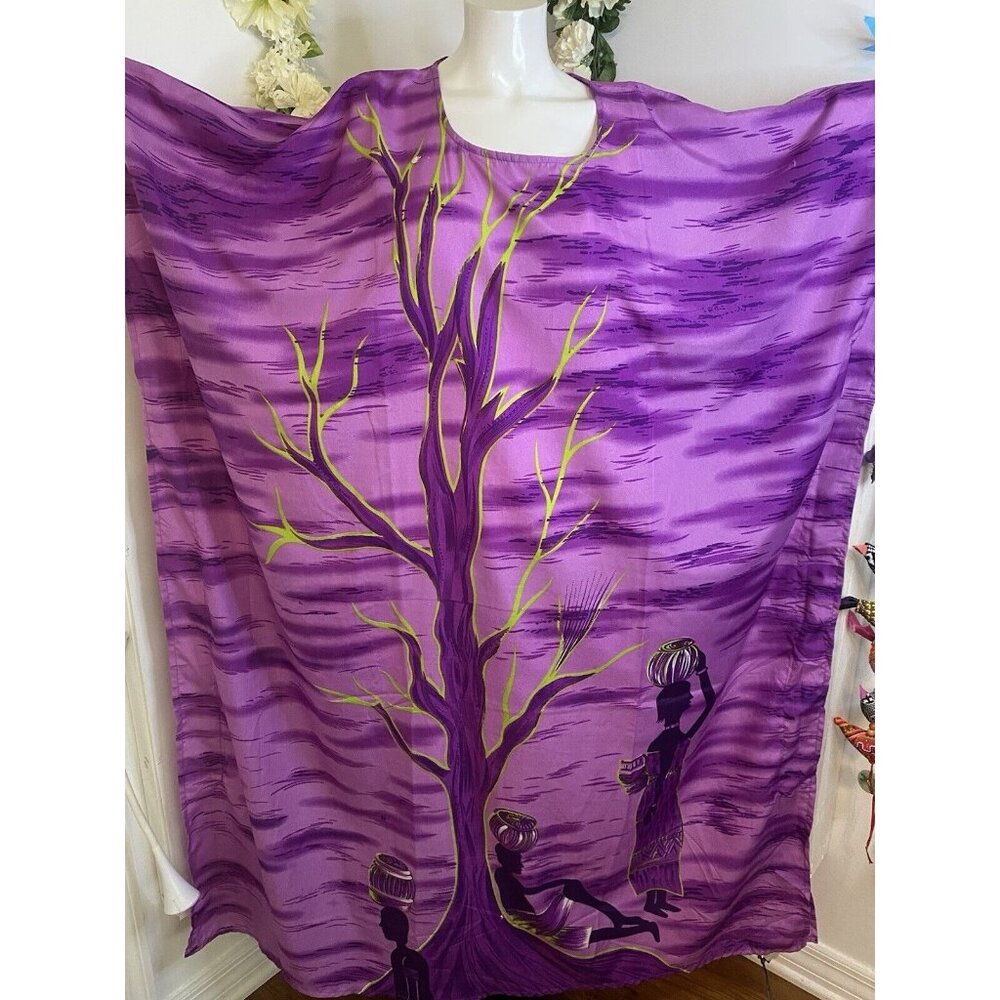Vtg Metropolitan Purple African OS‎ House Dress Kaftan V Neck Mrs. Roper Muumuu